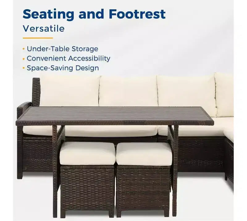 Heynemo, ensemble de conversation d’extérieur 7 pièces, canapé modulable en résine tressée tout temps avec table à manger, chaise et pouf, cadre en acier
