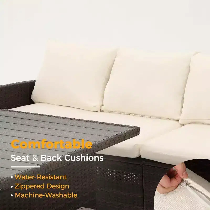 Heynemo, ensemble de conversation d’extérieur 7 pièces, canapé modulable en résine tressée tout temps avec table à manger, chaise et pouf, cadre en acier