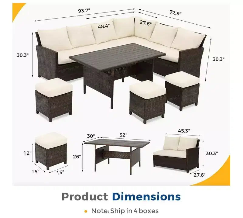Heynemo, ensemble de conversation d’extérieur 7 pièces, canapé modulable en résine tressée tout temps avec table à manger, chaise et pouf, cadre en acier