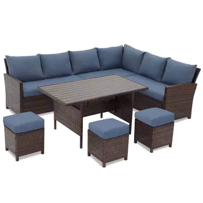 Heynemo, ensemble de conversation d’extérieur 7 pièces, canapé modulable en résine tressée tout temps avec table à manger, chaise et pouf, cadre en acier