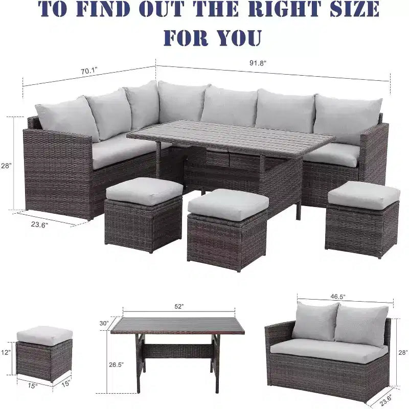 Heynemo, ensemble de conversation d’extérieur 7 pièces, canapé modulable en résine tressée tout temps avec table à manger, chaise et pouf, cadre en acier