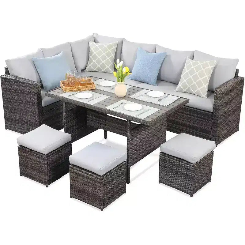Heynemo, ensemble de conversation d’extérieur 7 pièces, canapé modulable en résine tressée tout temps avec table à manger, chaise et pouf, cadre en acier