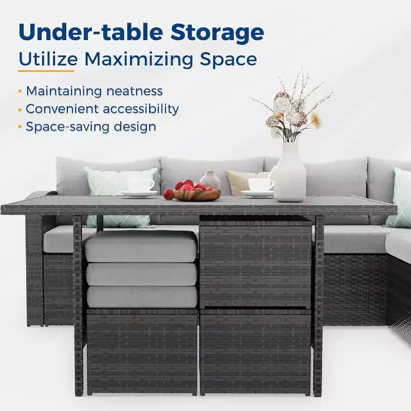 Heynemo, ensemble de conversation d’extérieur 7 pièces, canapé modulable en résine tressée tout temps avec table à manger, chaise et pouf, cadre en acier