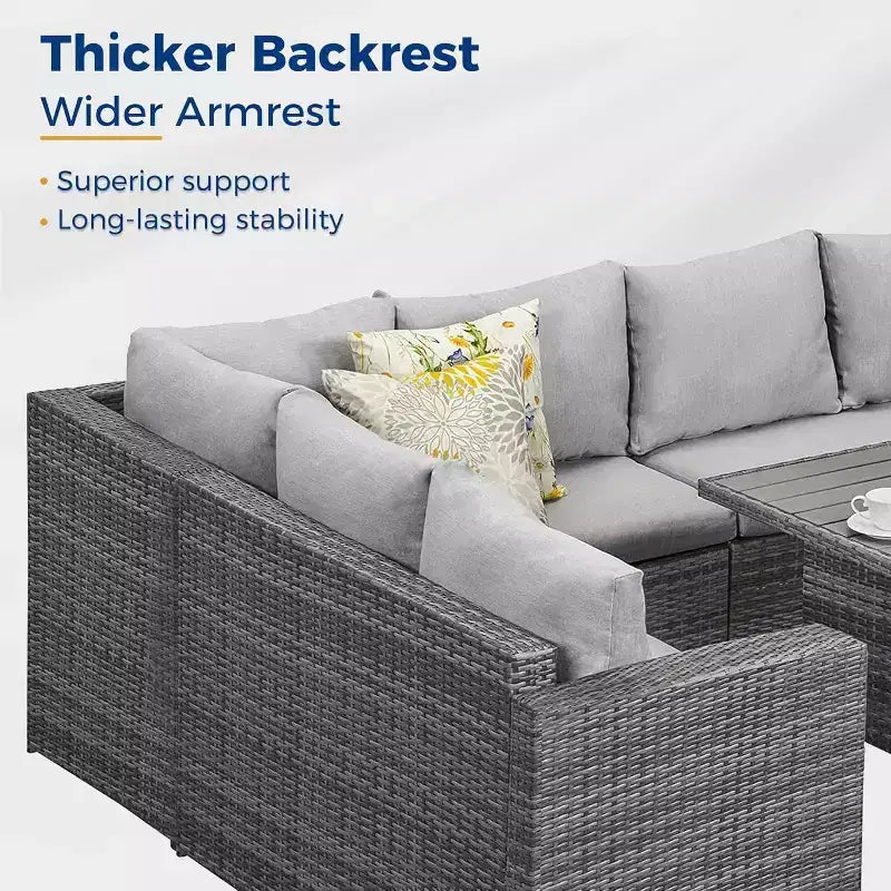Heynemo, ensemble de conversation d’extérieur 7 pièces, canapé modulable en résine tressée tout temps avec table à manger, chaise et pouf, cadre en acier