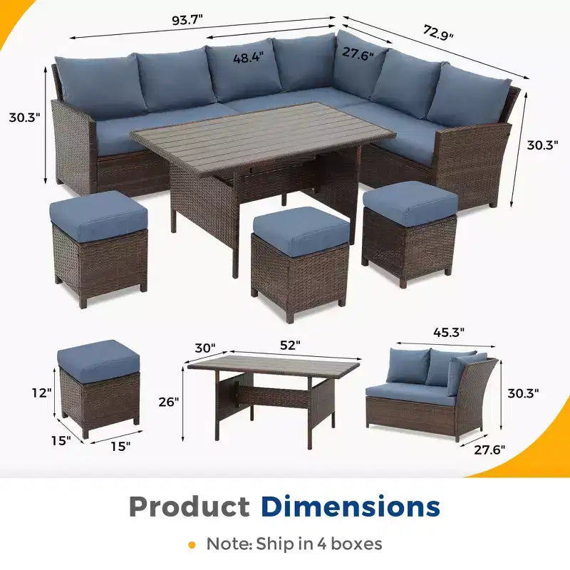 Heynemo, ensemble de conversation d’extérieur 7 pièces, canapé modulable en résine tressée tout temps avec table à manger, chaise et pouf, cadre en acier