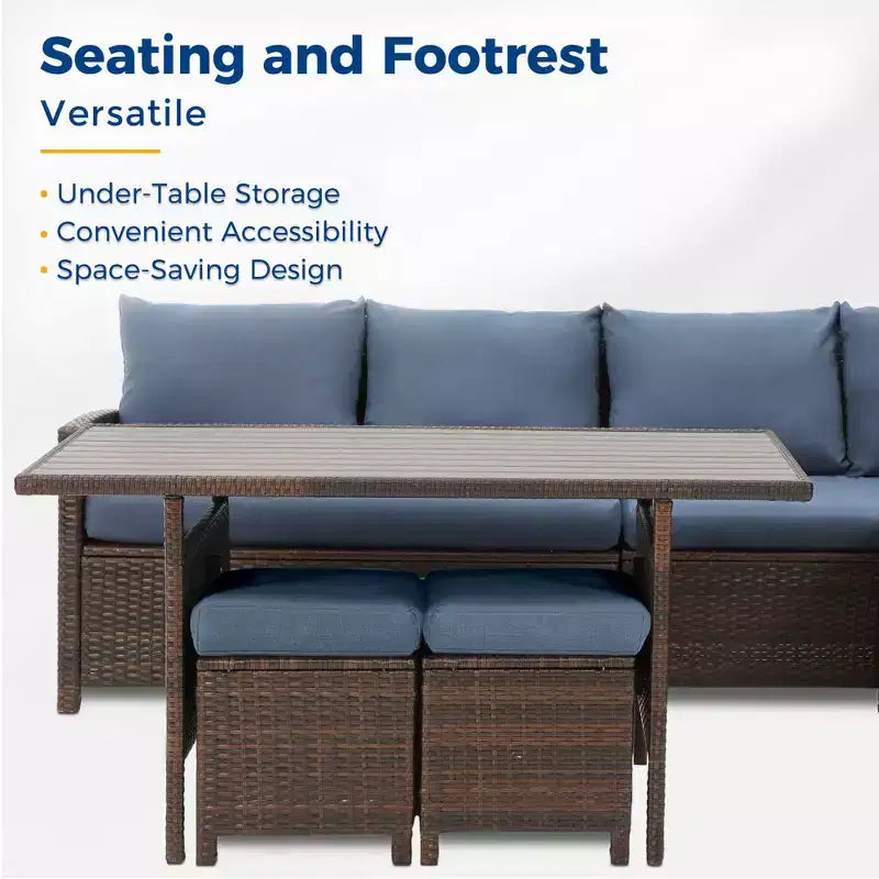 Heynemo, ensemble de conversation d’extérieur 7 pièces, canapé modulable en résine tressée tout temps avec table à manger, chaise et pouf, cadre en acier