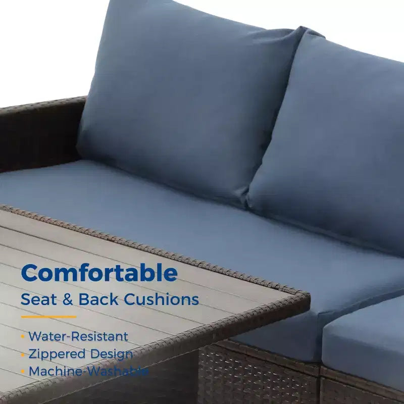 Heynemo, ensemble de conversation d’extérieur 7 pièces, canapé modulable en résine tressée tout temps avec table à manger, chaise et pouf, cadre en acier