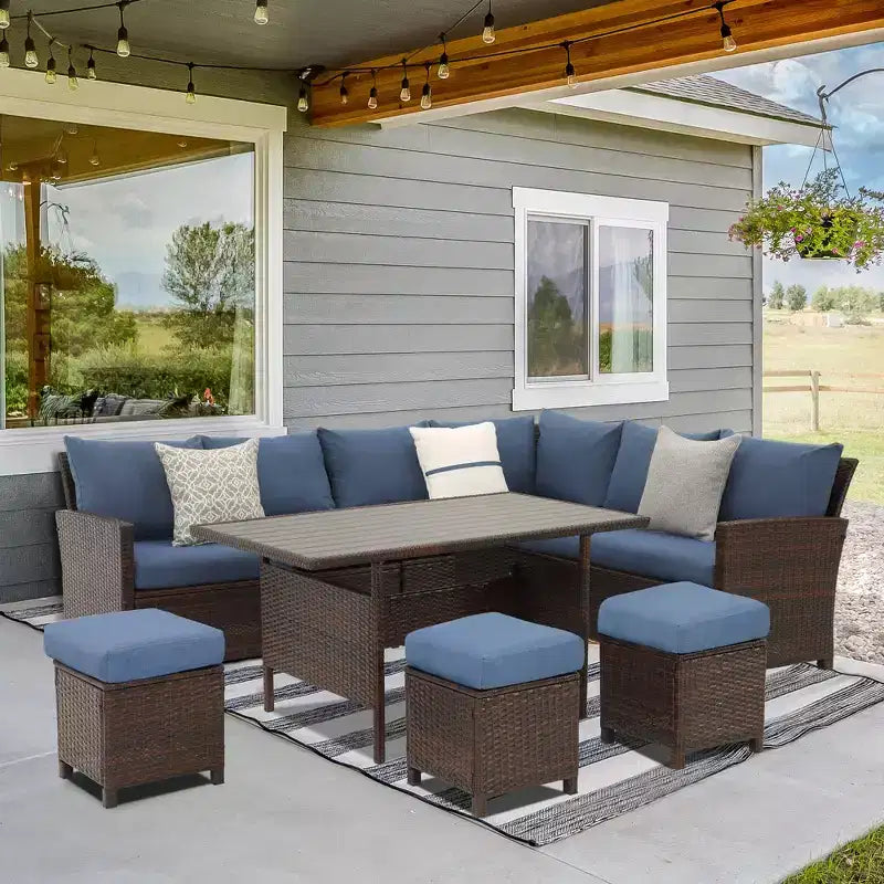 Heynemo, ensemble de conversation d’extérieur 7 pièces, canapé modulable en résine tressée tout temps avec table à manger, chaise et pouf, cadre en acier