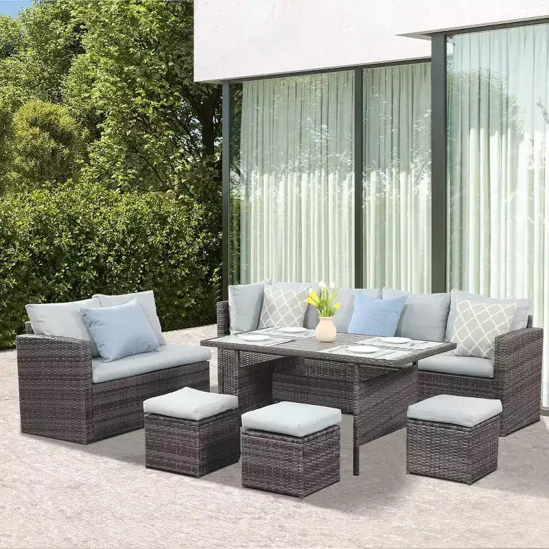 Conjunto de conversación para exteriores de 7 piezas Heynemo, sofá seccional de mimbre resistente a todo tipo de clima con mesa de comedor, silla y otomana, estructura de acero