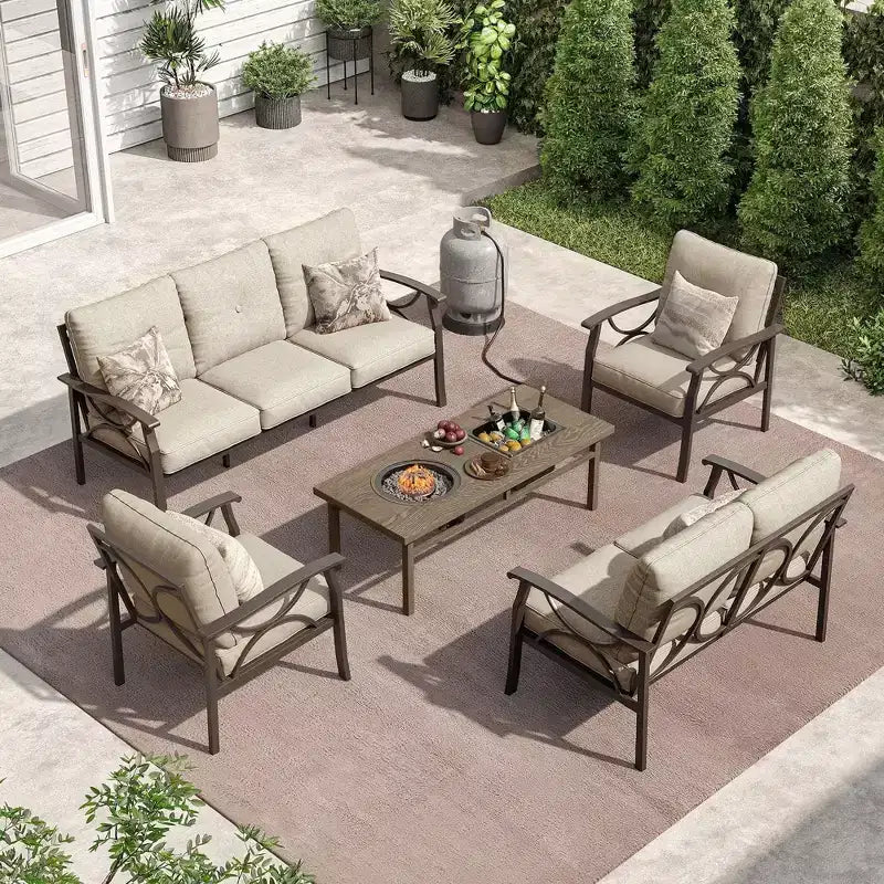 Conjunto de muebles de patio exterior HeynemoOutdoor, conjunto de conversación de patio de 5 piezas con mesa de fuego y otomanas, conjunto de muebles de metal para porche, patio trasero y jardín