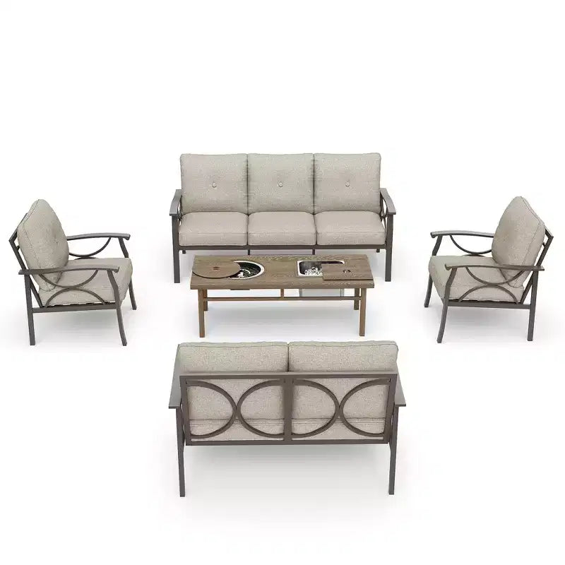 Conjunto de muebles de patio exterior HeynemoOutdoor, conjunto de conversación de patio de 5 piezas con mesa de fuego y otomanas, conjunto de muebles de metal para porche, patio trasero y jardín