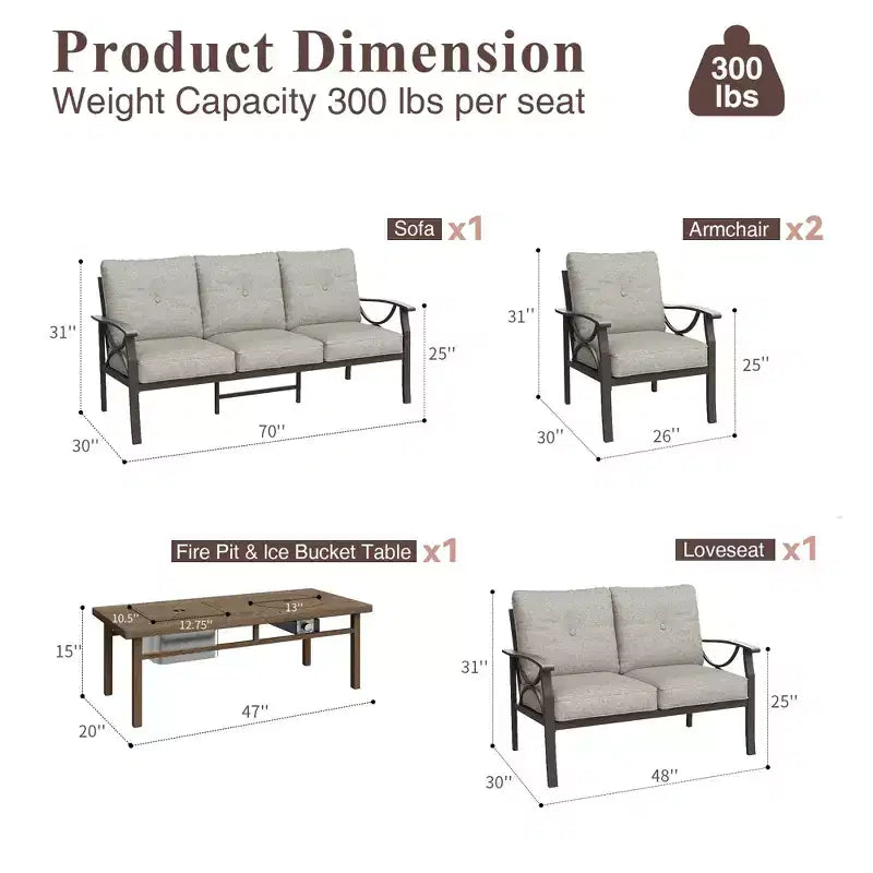 Conjunto de muebles de patio exterior HeynemoOutdoor, conjunto de conversación de patio de 5 piezas con mesa de fuego y otomanas, conjunto de muebles de metal para porche, patio trasero y jardín