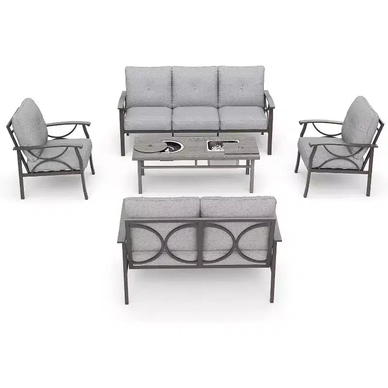 Conjunto de muebles de patio exterior HeynemoOutdoor, conjunto de conversación de patio de 5 piezas con mesa de fuego y otomanas, conjunto de muebles de metal para porche, patio trasero y jardín