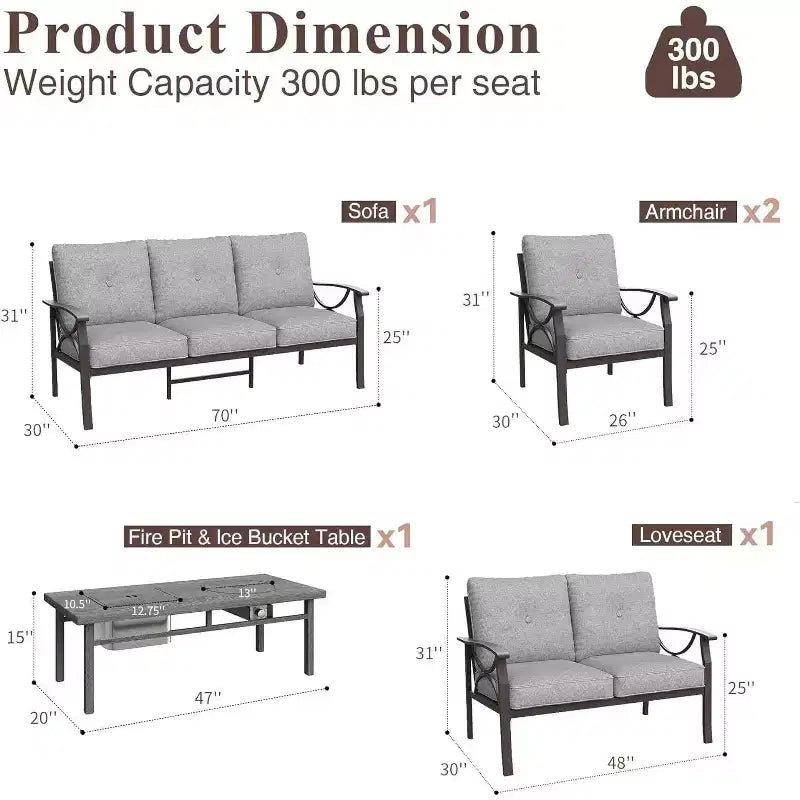 Conjunto de muebles de patio exterior HeynemoOutdoor, conjunto de conversación de patio de 5 piezas con mesa de fuego y otomanas, conjunto de muebles de metal para porche, patio trasero y jardín