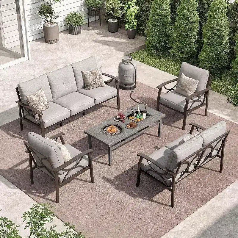 HeynemoOutdoor Patio Furniture Set, 5 Piece Patio Conversation Set with Fire Table and Ottomans, Metal Furniture Set for Porch Backyard Garden