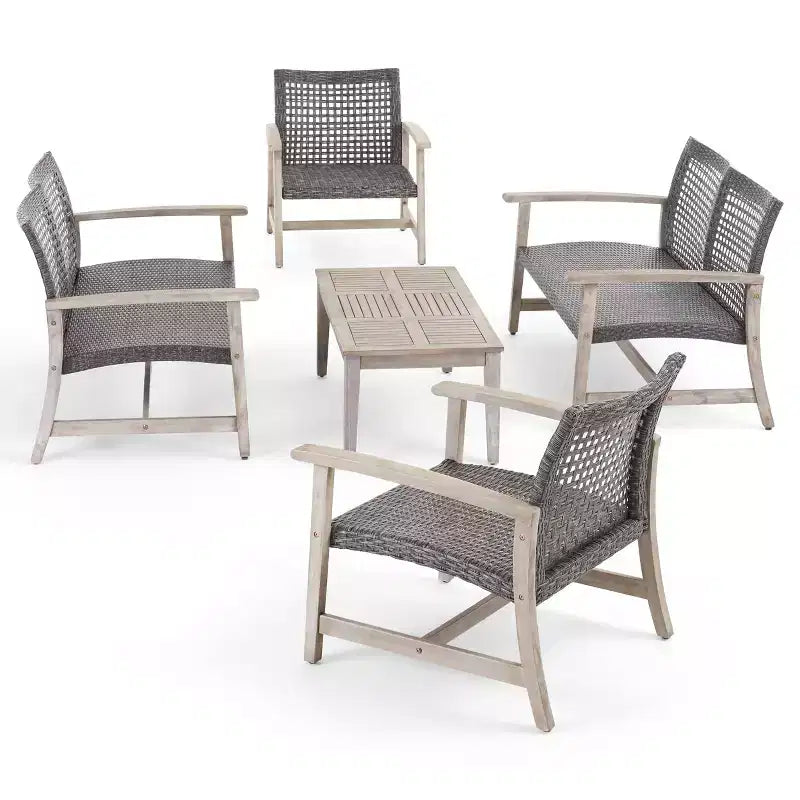 Conjunto de conversación para exteriores Christopher Knight Home Hampton de madera de acacia y mimbre, de 6 plazas