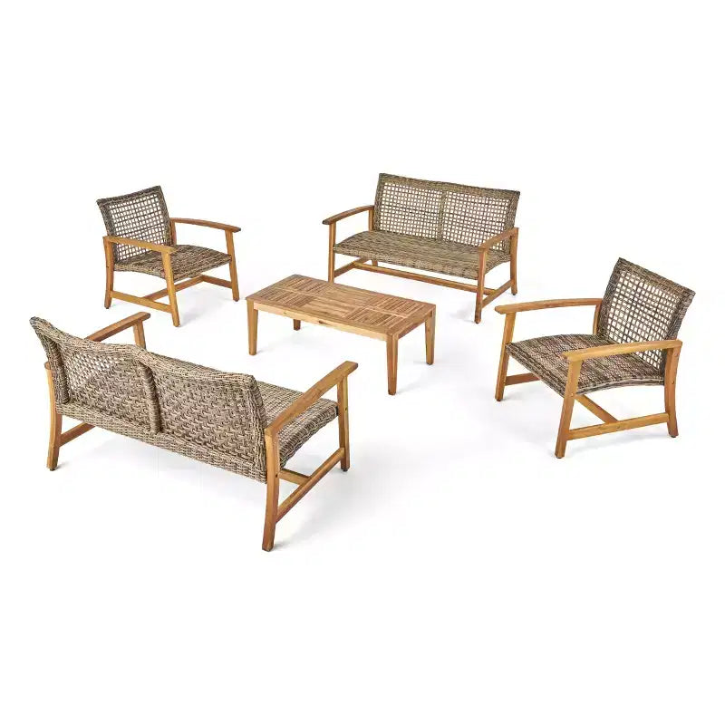 Conjunto de conversación para exteriores Christopher Knight Home Hampton de madera de acacia y mimbre, de 6 plazas