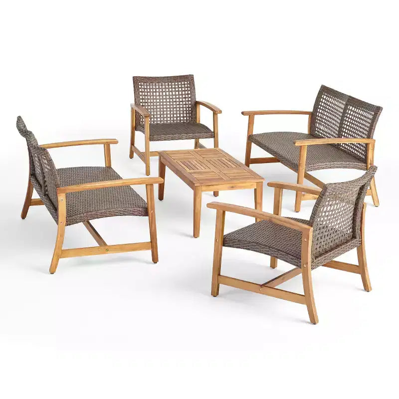 Conjunto de conversación para exteriores Christopher Knight Home Hampton de madera de acacia y mimbre, de 6 plazas