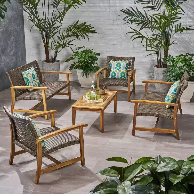 Christopher Knight Home Hampton Outdoor Acacia Wood and Wicker 6 Seater Chat Set