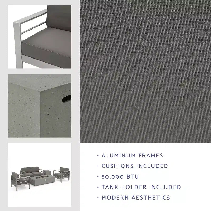 Ensemble de conversation extérieur GDFStudio Crested Bay en aluminium pour 4 personnes avec brasero gris clair