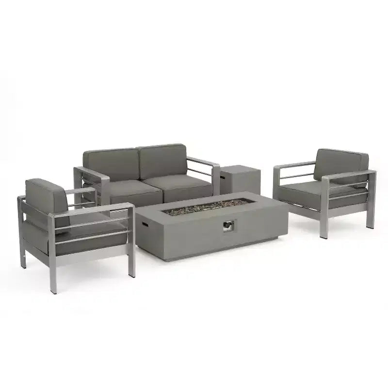 Conjunto de conversación GDFStudio Crested Bay para exteriores, de aluminio y 4 plazas, con fogón gris claro