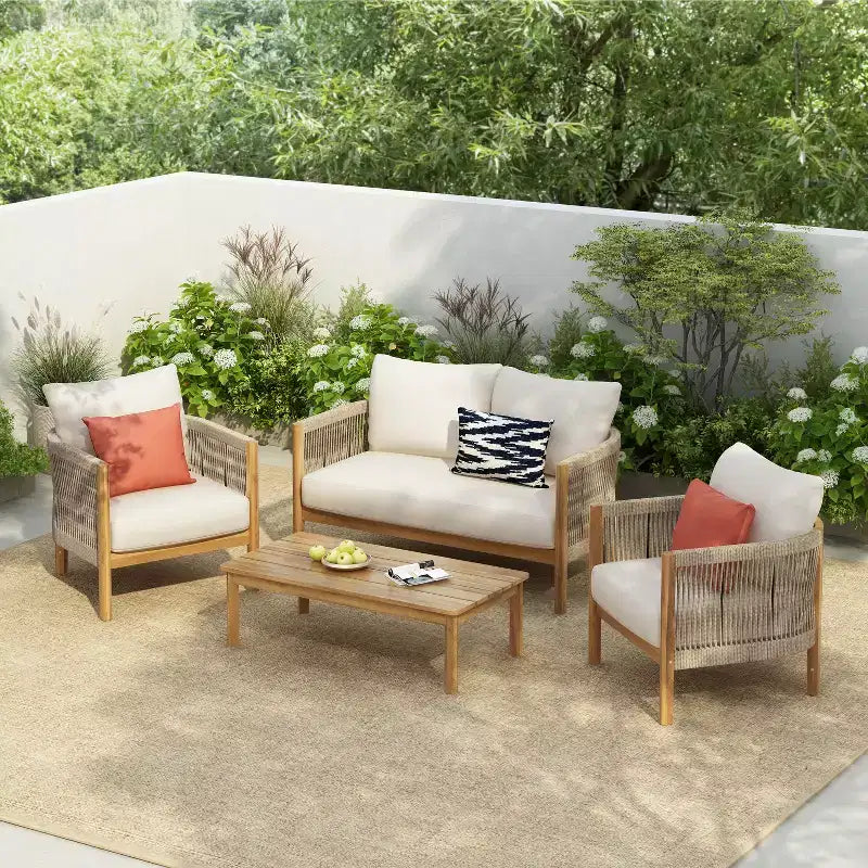 Christopher Knight Home Gillian, ensemble de sièges pour patio en bois d’acacia et tressage en corde, 4 pièces