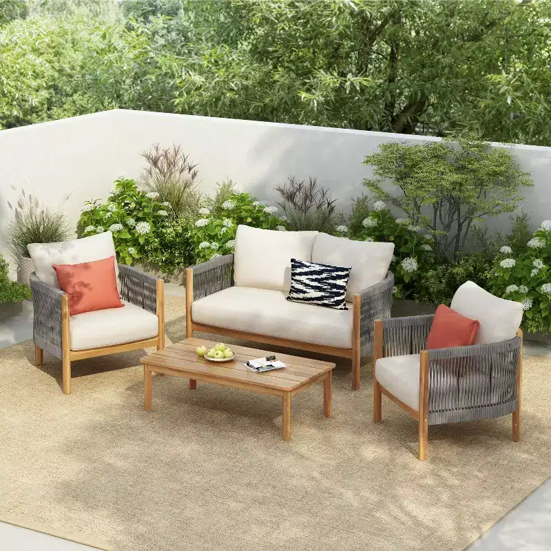 Christopher Knight Home Gillian, ensemble de sièges pour patio en bois d’acacia et tressage en corde, 4 pièces
