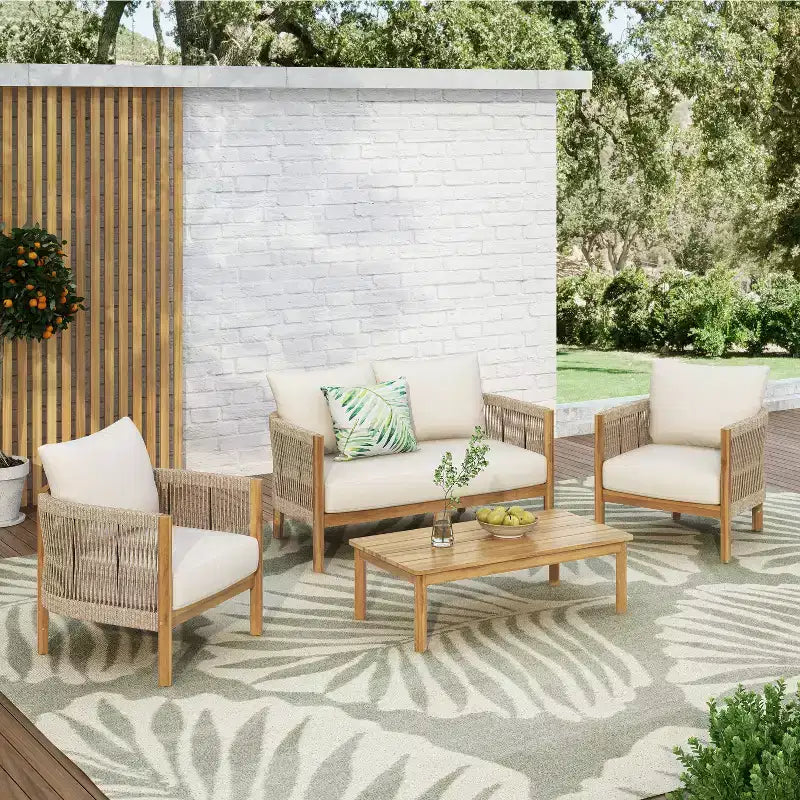 Christopher Knight Home Gillian, ensemble de sièges pour patio en bois d’acacia et tressage en corde, 4 pièces