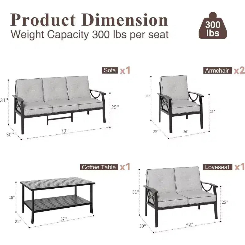 Juego de muebles para patio y exteriores Heynemo, conjunto de 5 piezas para conversar con mesa de centro, muebles metálicos para porche, patio trasero y jardín