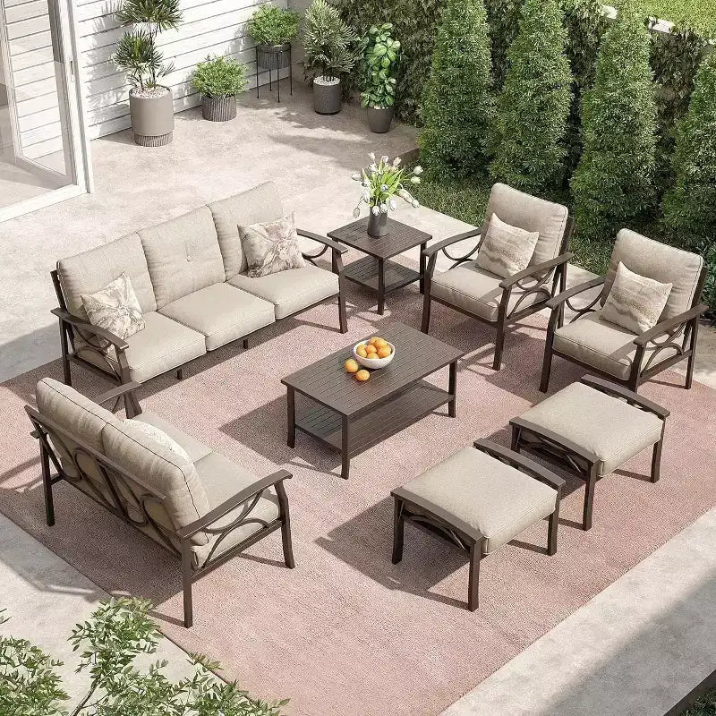 Conjunto de muebles para patio exterior Heynemo, conjunto de conversación de 8 piezas con mesa de centro, mesa auxiliar y otomanas, conjunto de muebles metálicos para porche, gris