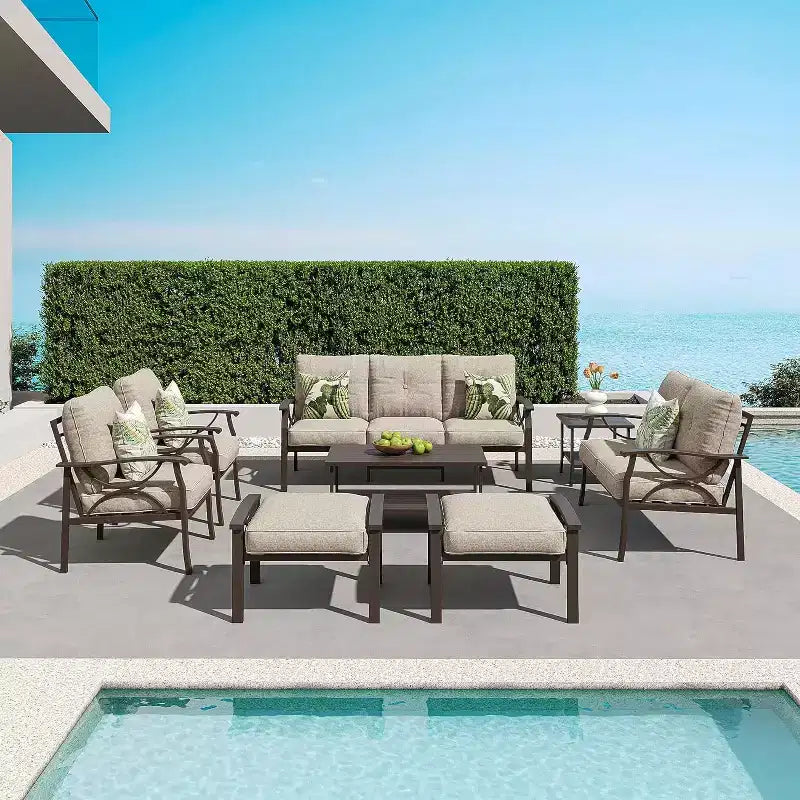 Conjunto de muebles para patio exterior Heynemo, conjunto de conversación de 8 piezas con mesa de centro, mesa auxiliar y otomanas, conjunto de muebles metálicos para porche, gris