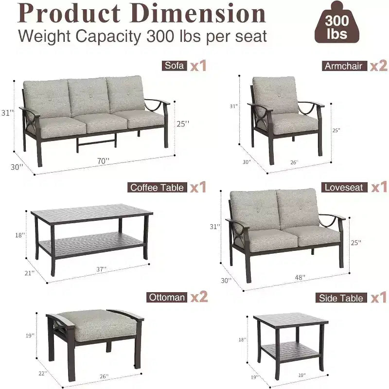 Conjunto de muebles para patio exterior Heynemo, conjunto de conversación de 8 piezas con mesa de centro, mesa auxiliar y otomanas, conjunto de muebles metálicos para porche, gris