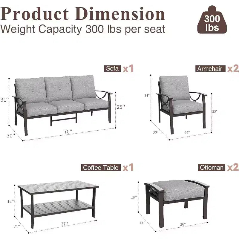 Conjunto de muebles de patio para exteriores Heynemo, conjunto de conversación para patio de 6 piezas con mesa de centro y otomanas, conjunto de muebles metálicos para porche y jardín, café