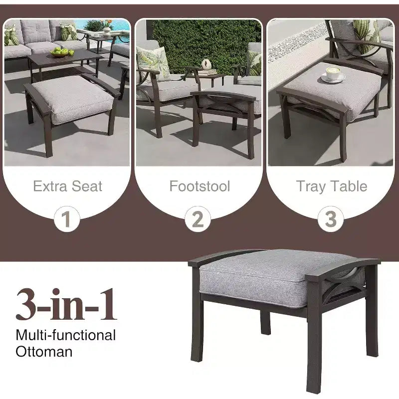 Conjunto de muebles de patio para exteriores Heynemo, conjunto de conversación para patio de 6 piezas con mesa de centro y otomanas, conjunto de muebles metálicos para porche y jardín, café