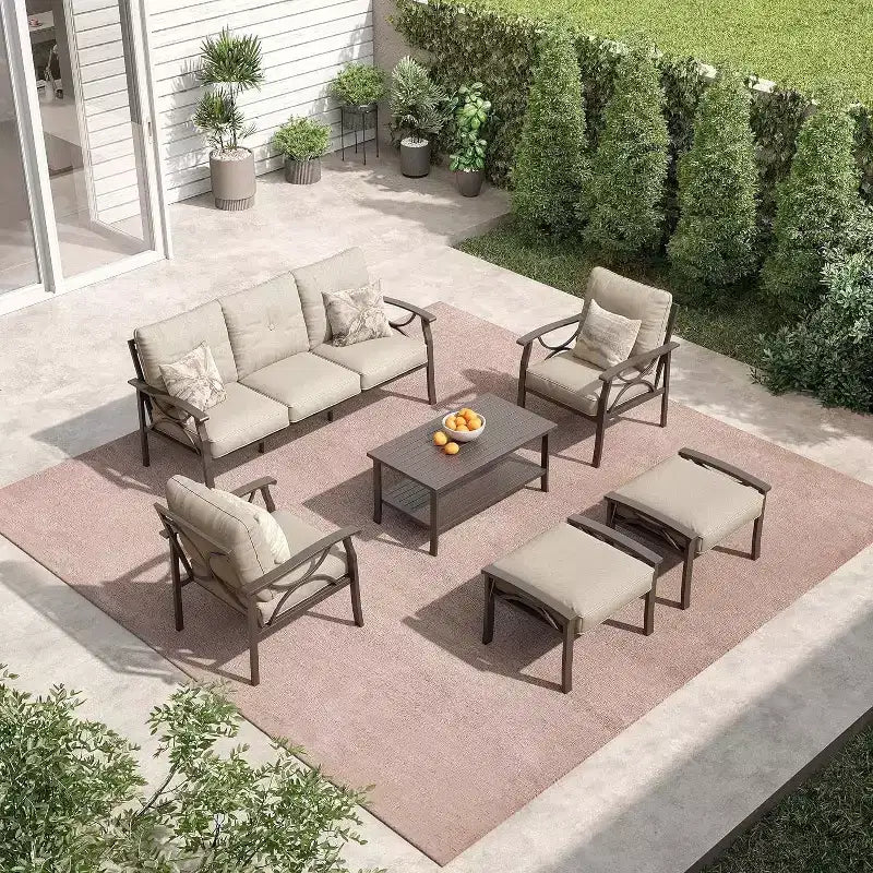 Conjunto de muebles de patio para exteriores Heynemo, conjunto de conversación para patio de 6 piezas con mesa de centro y otomanas, conjunto de muebles metálicos para porche y jardín, café