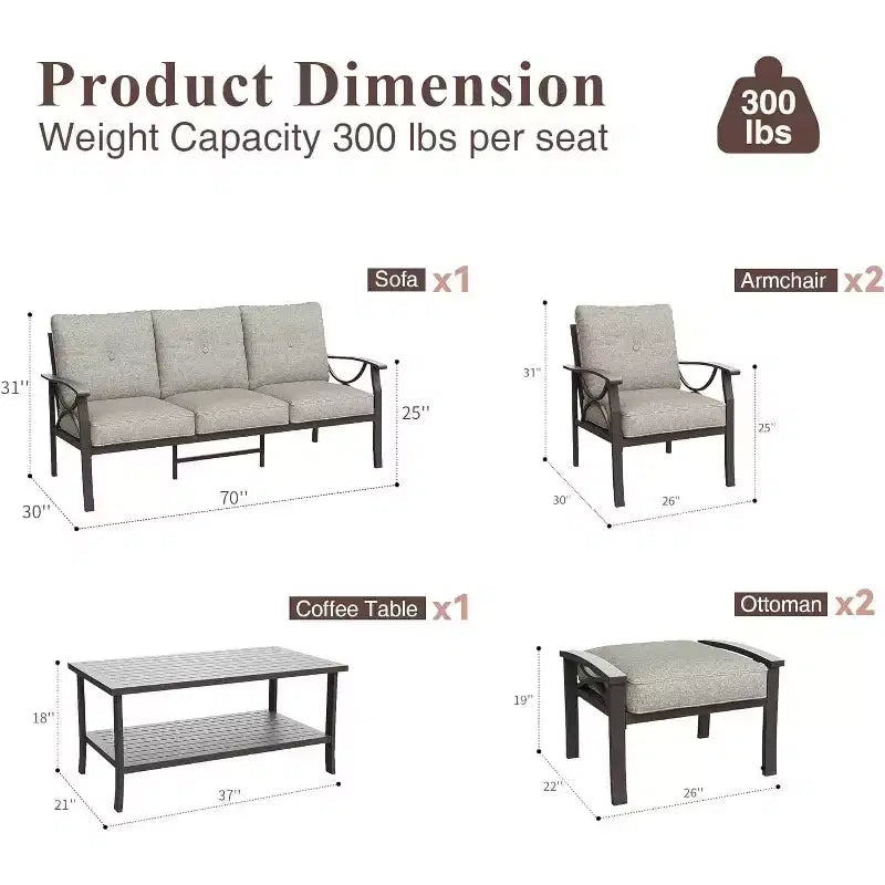 Conjunto de muebles de patio para exteriores Heynemo, conjunto de conversación para patio de 6 piezas con mesa de centro y otomanas, conjunto de muebles metálicos para porche y jardín, café