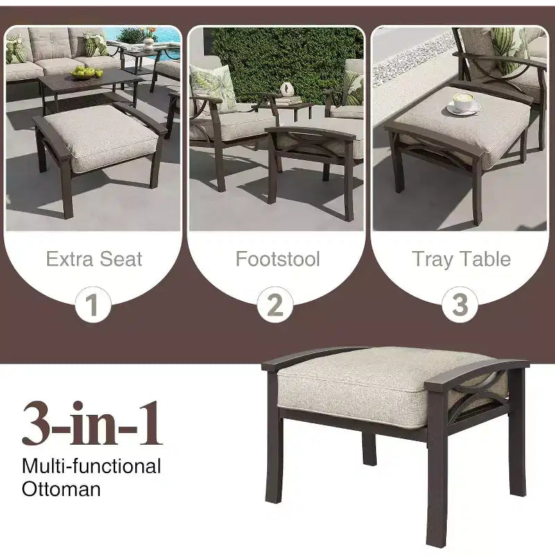 Conjunto de muebles de patio para exteriores Heynemo, conjunto de conversación para patio de 6 piezas con mesa de centro y otomanas, conjunto de muebles metálicos para porche y jardín, café