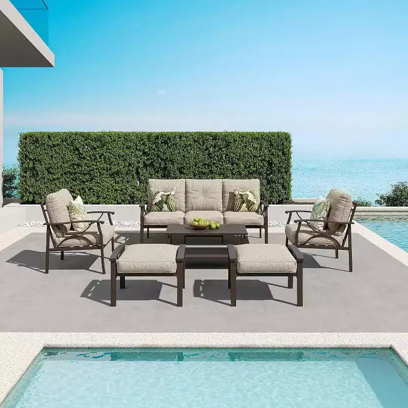 Conjunto de muebles de patio para exteriores Heynemo, conjunto de conversación para patio de 6 piezas con mesa de centro y otomanas, conjunto de muebles metálicos para porche y jardín, café