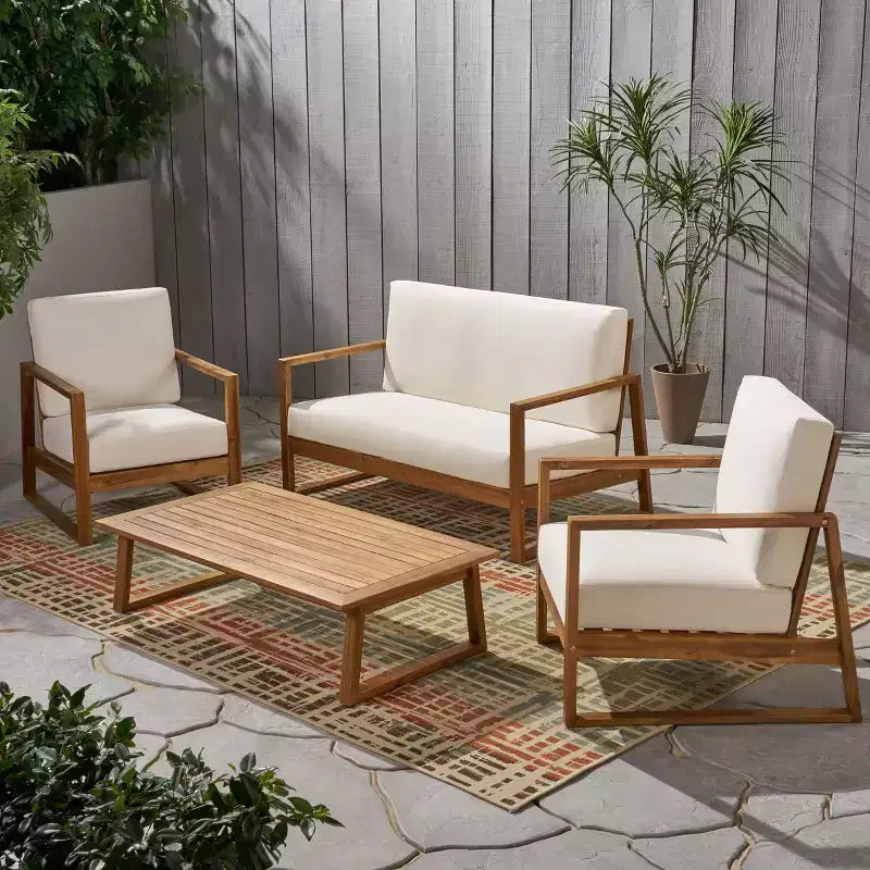 Christopher Knight Home Bringier, ensemble de conversation d’extérieur pour 4 personnes en bois d’acacia avec coussins résistants à l’eau