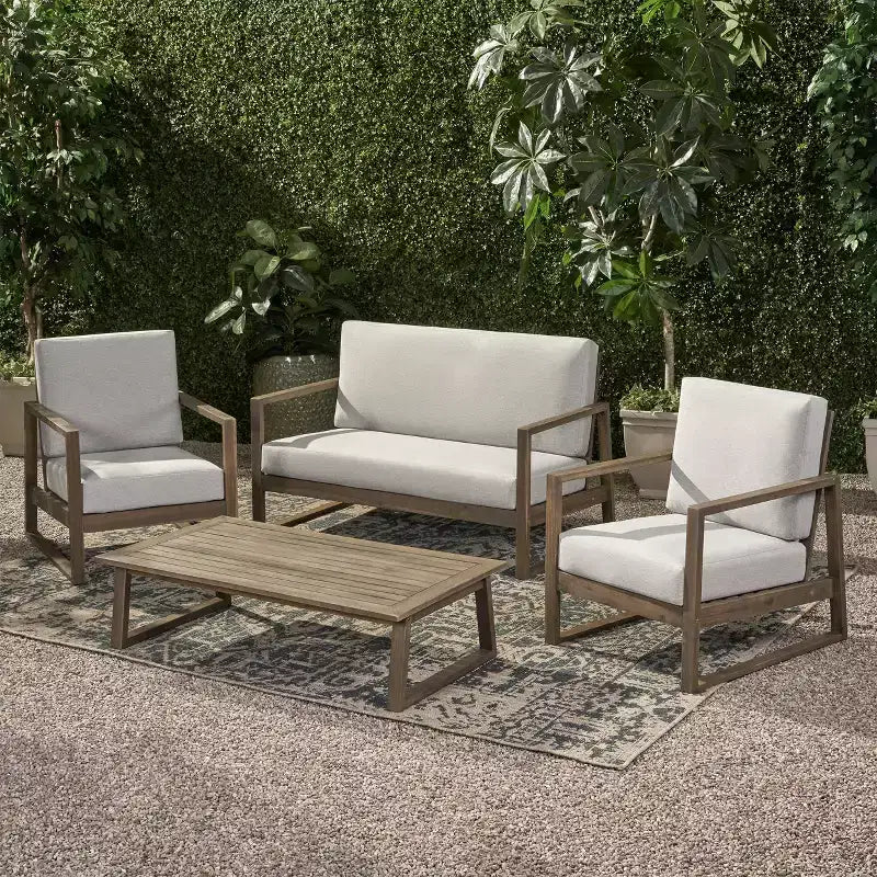 Christopher Knight Home Bringier, ensemble de conversation d’extérieur pour 4 personnes en bois d’acacia avec coussins résistants à l’eau