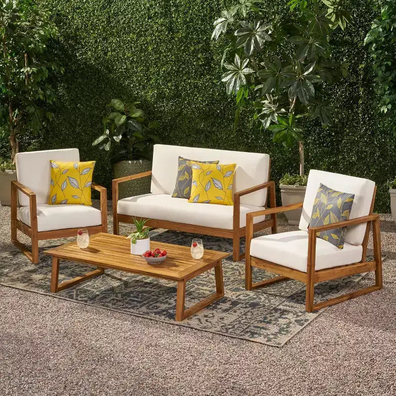Christopher Knight Home Bringier, ensemble de conversation d’extérieur pour 4 personnes en bois d’acacia avec coussins résistants à l’eau