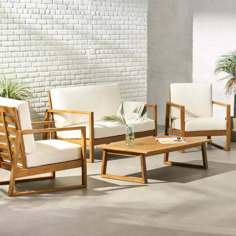 Christopher Knight Home Bringier, ensemble de conversation d’extérieur pour 4 personnes en bois d’acacia avec coussins résistants à l’eau