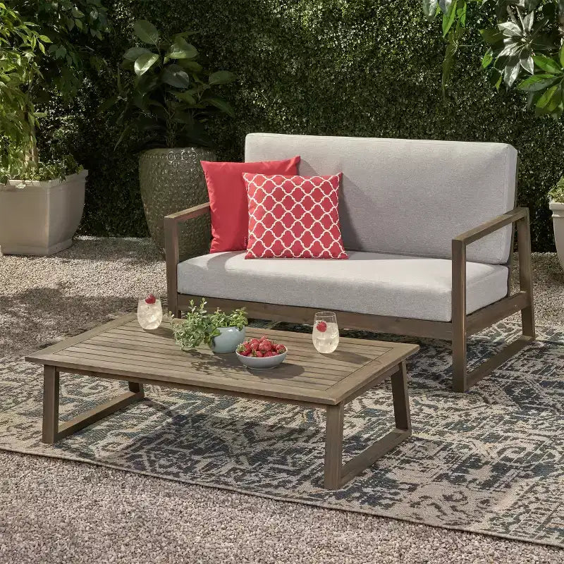 Christopher Knight Home Hazel Set aus Akazienholz-Zweisitzer und Couchtisch für den Außenbereich mit Polstern