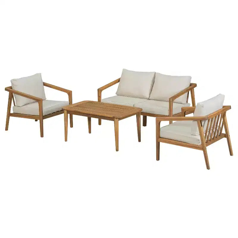 Christopher Knight Home Osborn conjunto de asientos para exteriores de 4 piezas de madera de acacia con diseño de listones y cojín, teca/beige