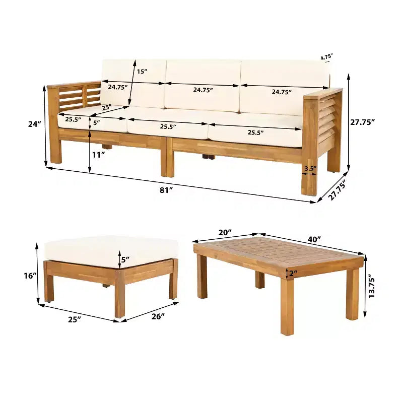 Conjunto de asientos de madera de acacia para exteriores Nolan de Christopher Knight Home, con paneles estilo persiana y cojines