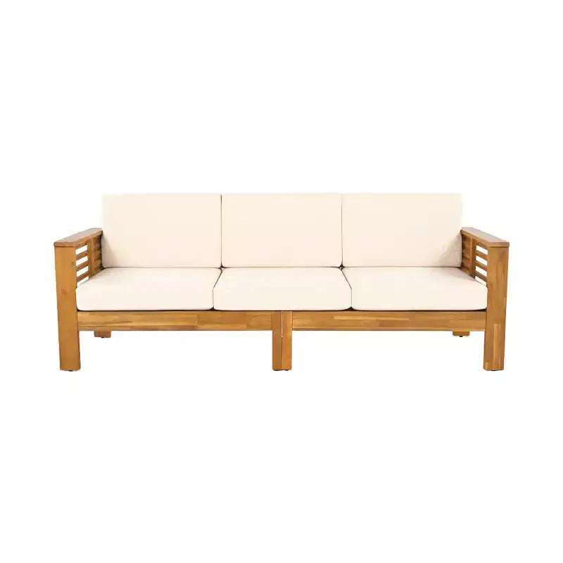 Conjunto de asientos de madera de acacia para exteriores Nolan de Christopher Knight Home, con paneles estilo persiana y cojines