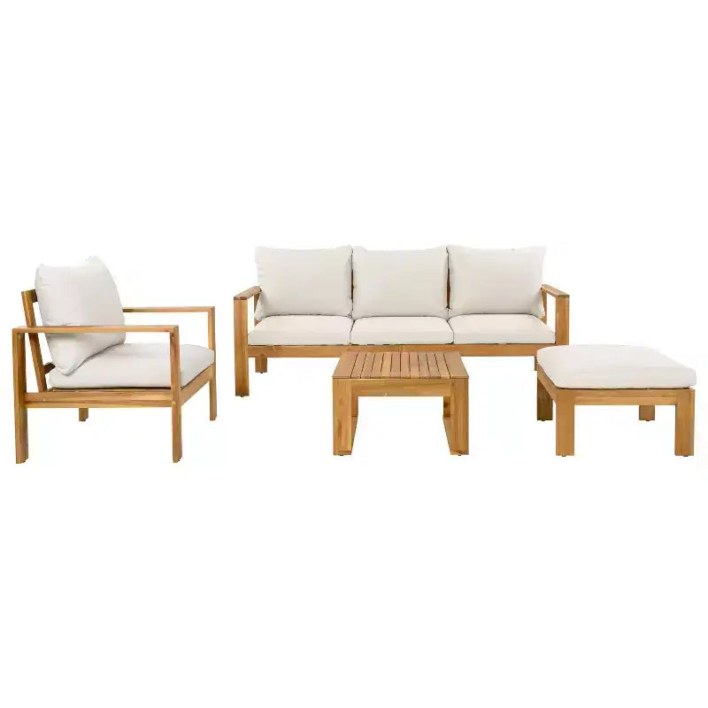 Conjunto de asientos de madera de acacia tapizada para exteriores Norman de Christopher Knight Home, de 4 piezas y diseño de listones