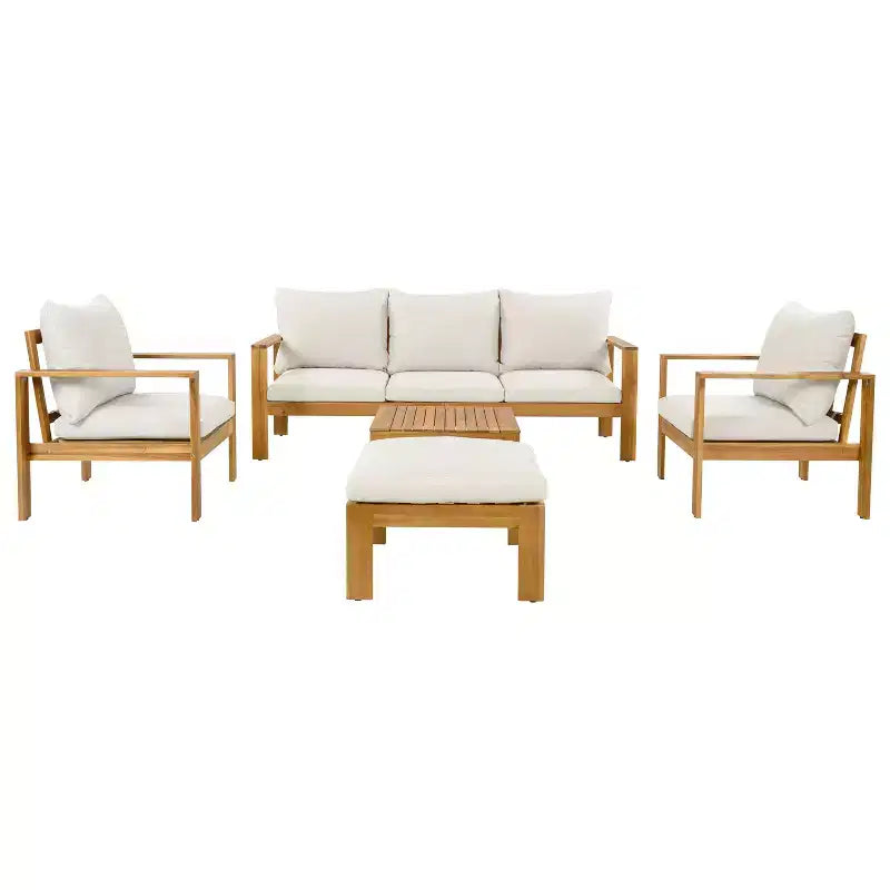 Conjunto de asientos de exterior Norman de Christopher Knight Home, de 5 piezas, con diseño de listones de madera de acacia y tapizado