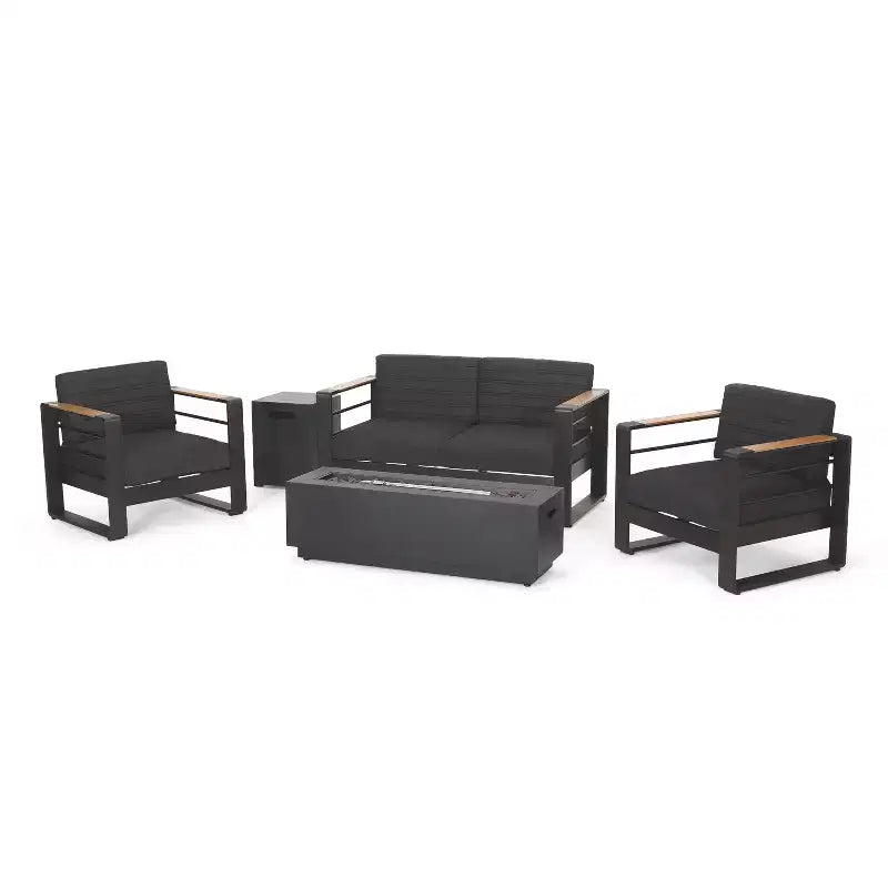 Conjunto de conversación exterior Christopher Knight Home Ostrander para 4 personas, de aluminio, con mesa con fogón, negro/gris oscuro