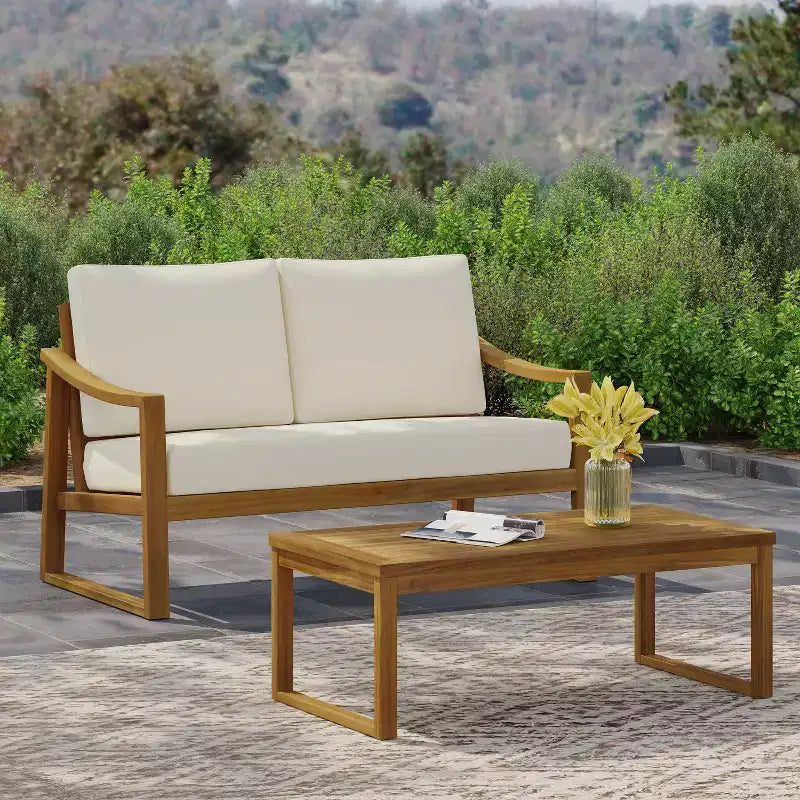 Christopher Knight Home Samwell - Ensemble d'extérieur en bois d'acacia comprenant une causeuse et une table basse avec accoudoirs inclinés